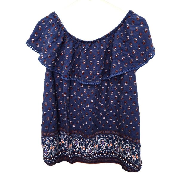 Faded Glory Womens Blouse Scoop Neck Blue Red Paisley Plus Size 1x Boho Ruffle - Picture 1 of 5